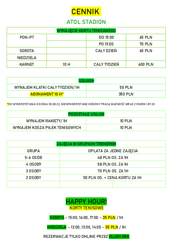 CENNIK 2023 POP Atol Legionowo Klub Tenisowy